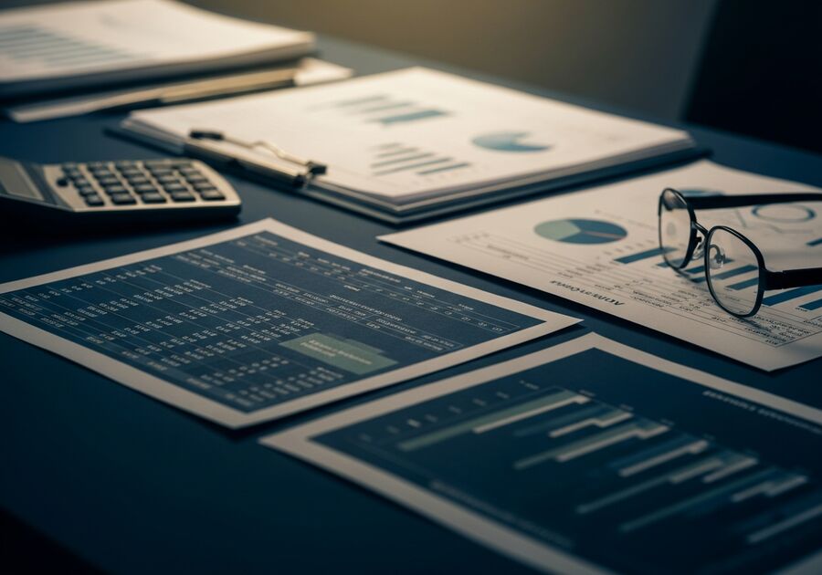 Financial statements, ledgers, and analytical charts laid out for review