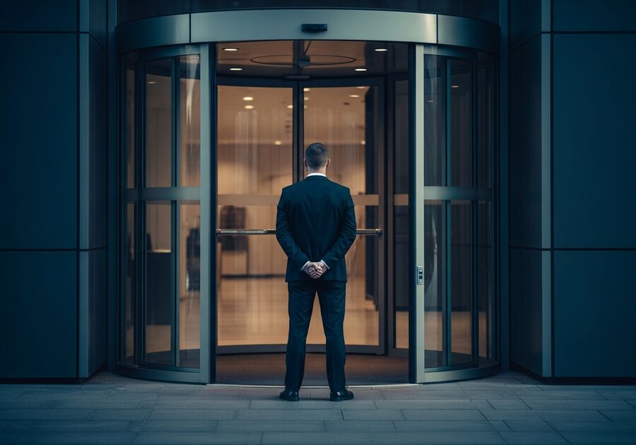 A professional security officer standing watch at a corporate building entrance