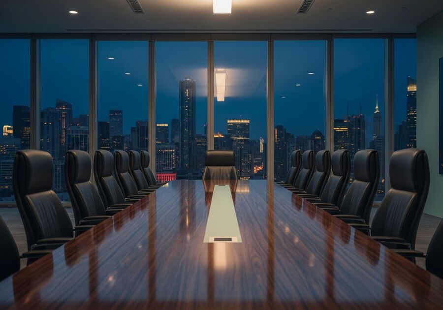 Executive boardroom with a city skyline visible through the windows at dusk